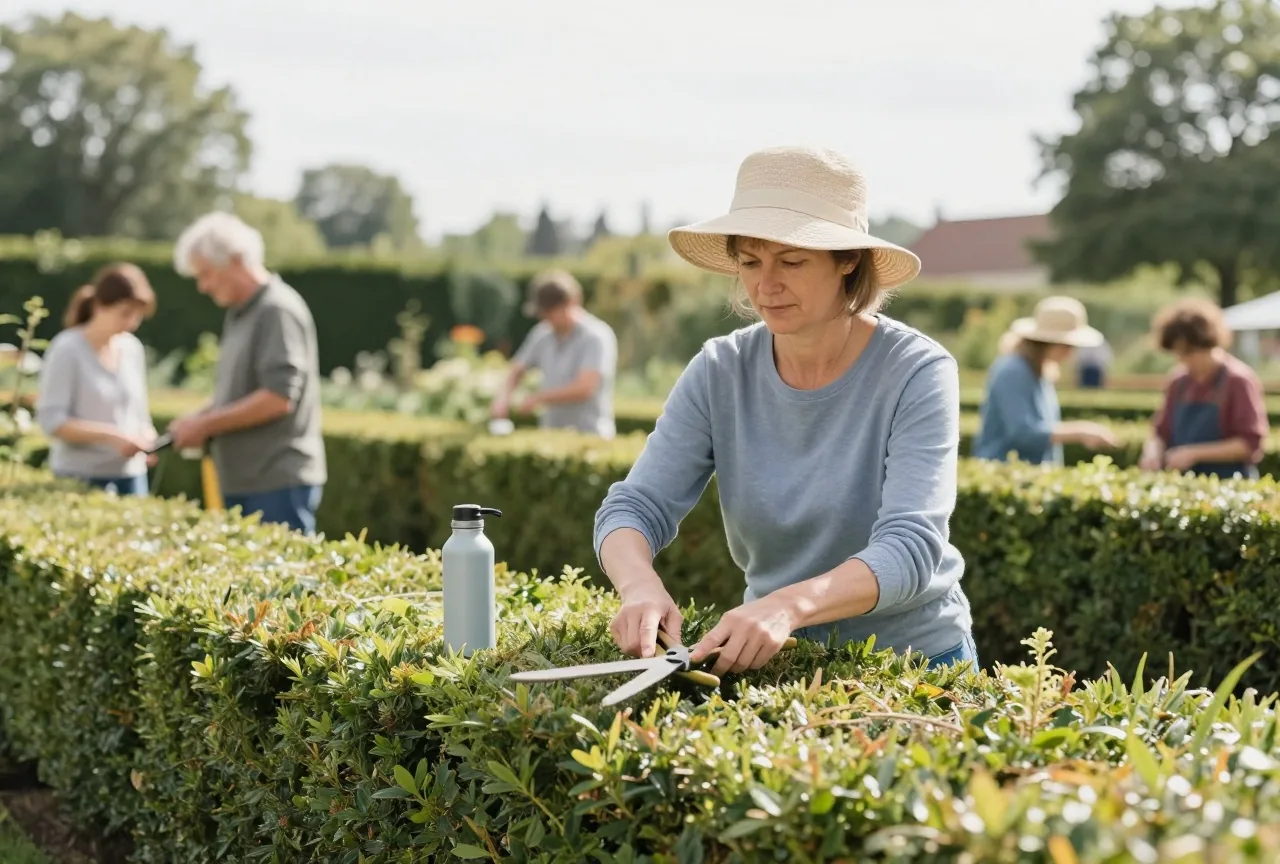 Gärtnerin in den Vierzigern mit Sonnenhut und langen Ärmeln schneidet an einem Sommertag eine Hecke