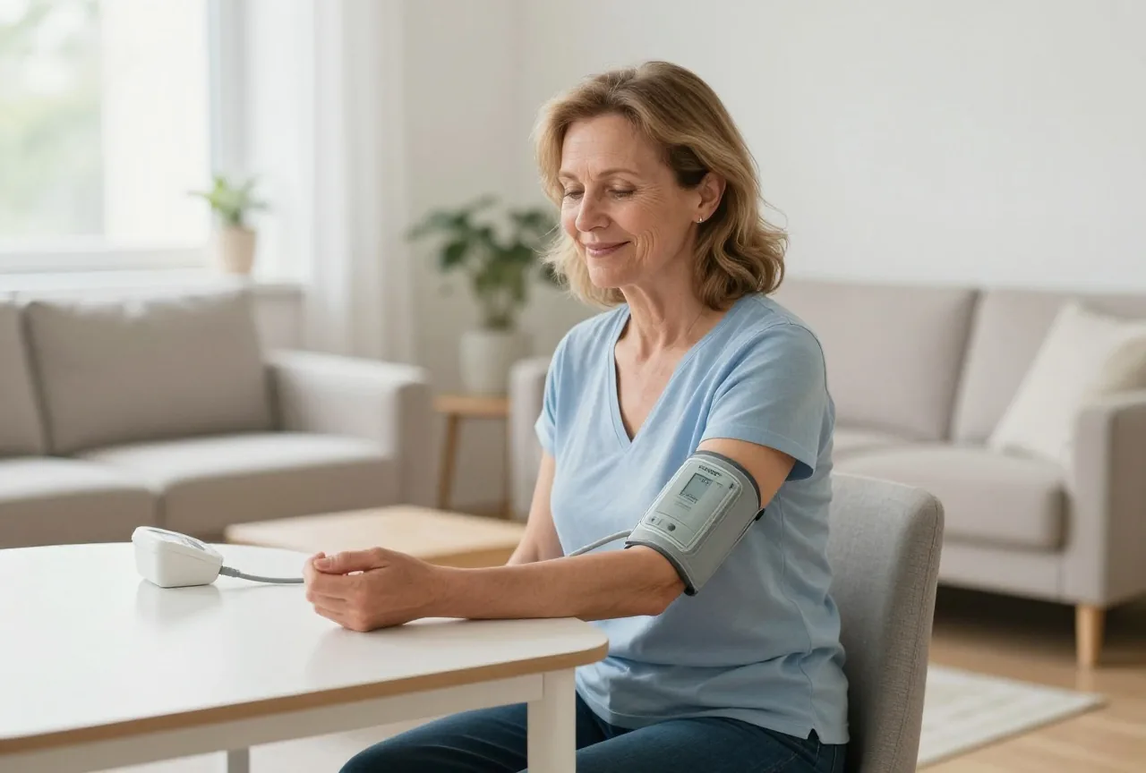 Frau in den Fünfzigern sitzt morgens im Wohnzimmer am Tisch und misst mit einer Oberarmmanschette