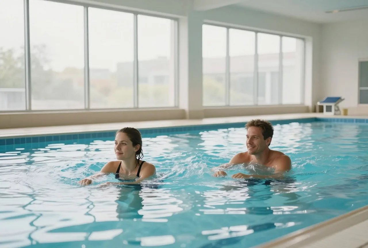Frau in den Dreißigern und Mann in den Vierzigern schwimmen nebeneinander in einem hellen Hallenbad