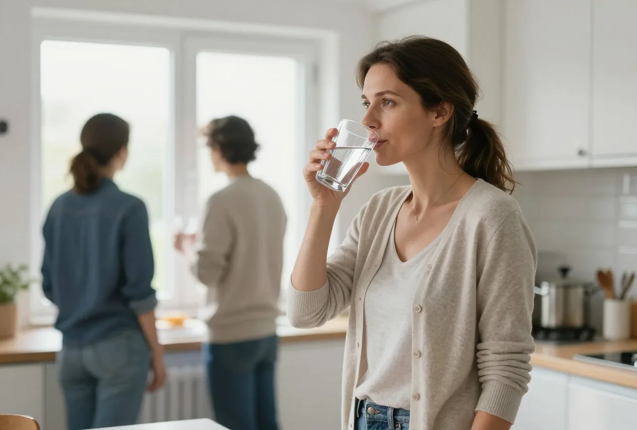 Frau in den Vierzigern trinkt am frühen Morgen am Küchenfenster ein Glas Wasser