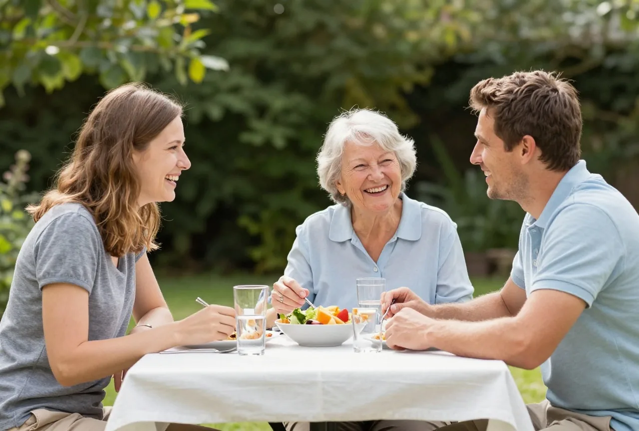 Bruder und Schwester in den Vierzigern essen mit ihrer Mutter in den Siebzigern im Garten zu Mittag