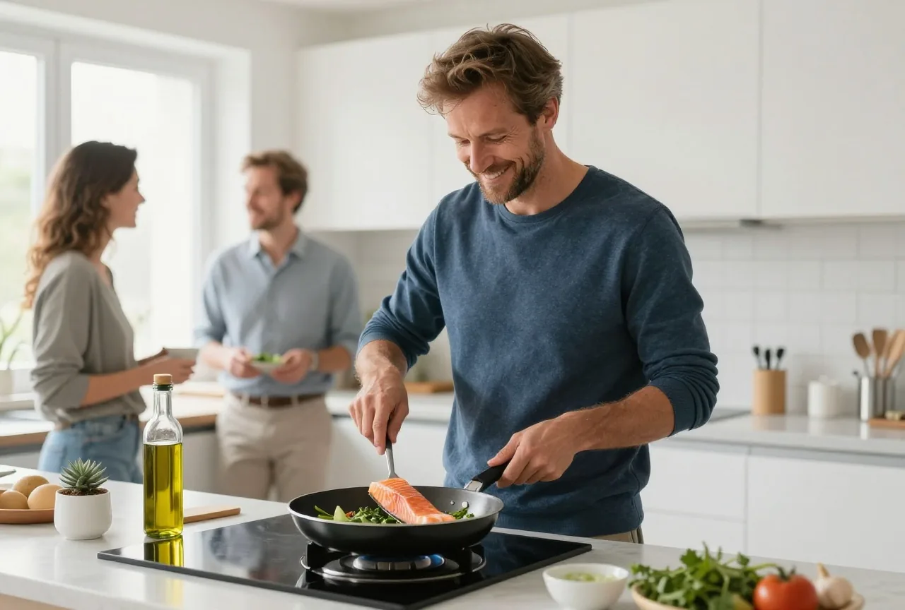 Mann in den Fünfzigern brät in einer hellen Küche Lachs mit grünem Gemüse in der Pfanne