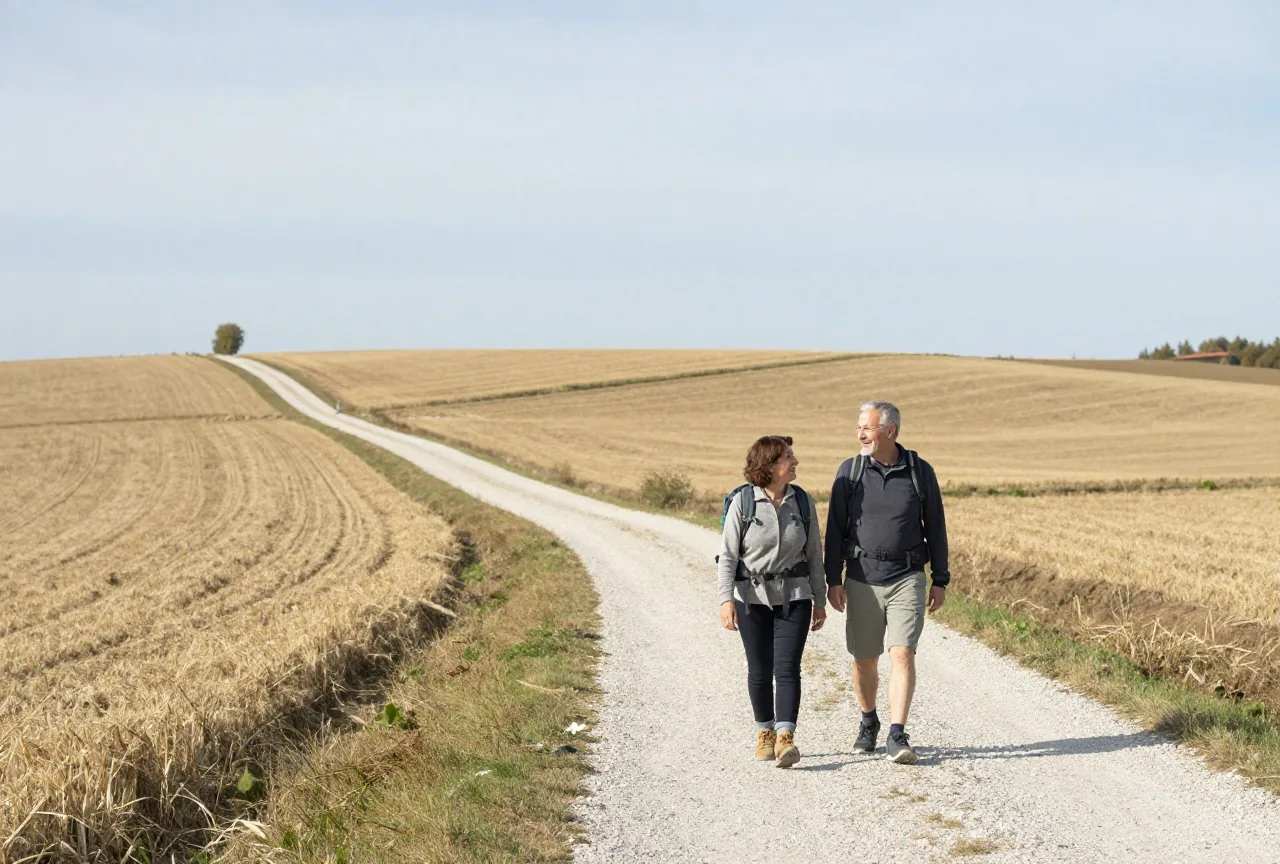 Paar in den Fünfzigern wandert an einem klaren Herbsttag mit Rucksäcken über einen Feldweg
