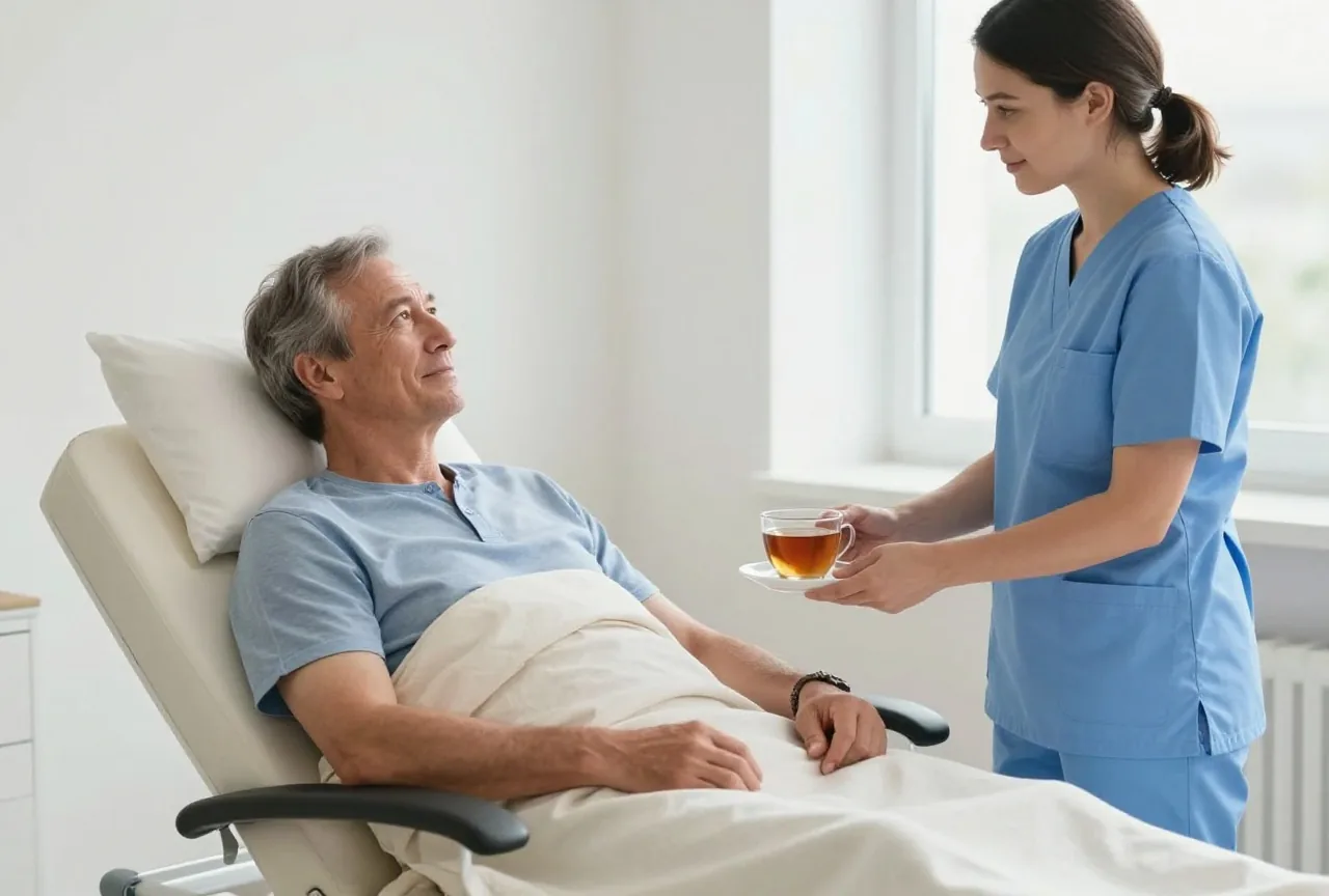 Mann in den Sechzigern ruht unter einer Decke im Sessel, eine Pflegerin reicht ihm eine Tasse Tee