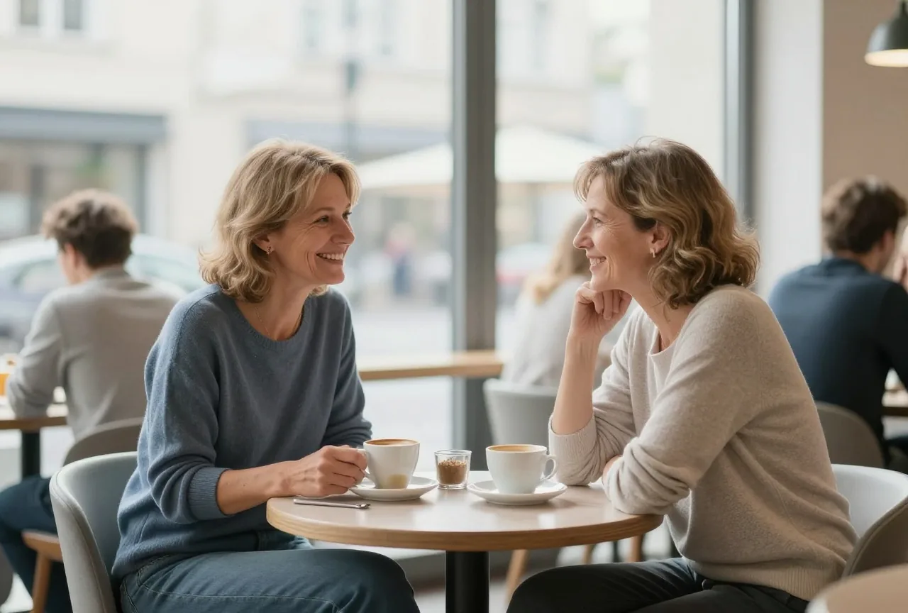 Zwei Frauen Ende fünfzig sitzen in einem Café am Fenster und unterhalten sich bei Kaffee