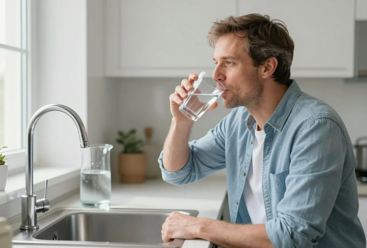 Mann in den Vierzigern trinkt am Nachmittag in der Küche ein großes Glas Wasser