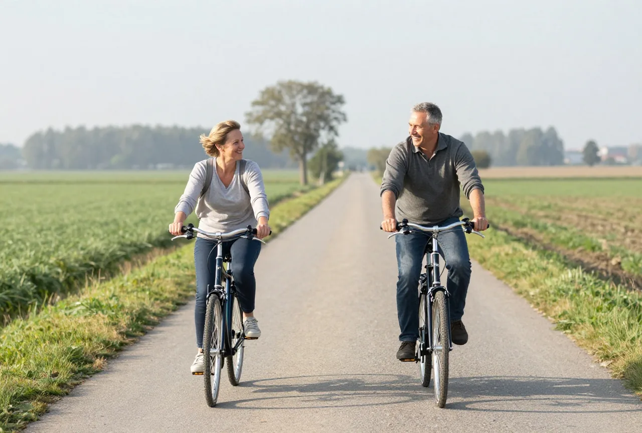 Frau und Mann in den Fünfzigern fahren an einem sonnigen Morgen nebeneinander Rad auf einem Landweg