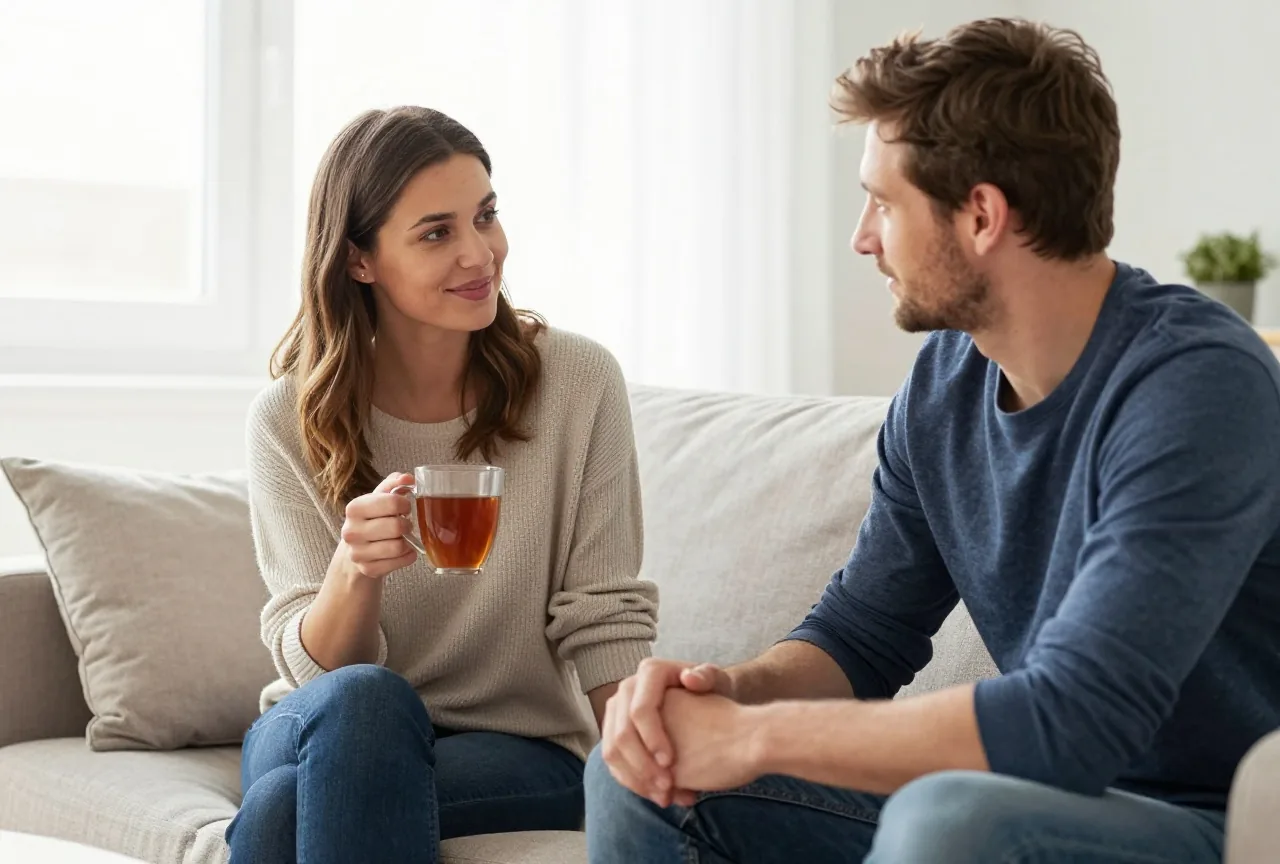 Frau in den Dreißigern sitzt mit einer Tasse Tee auf dem Sofa und spricht mit ihrem Partner