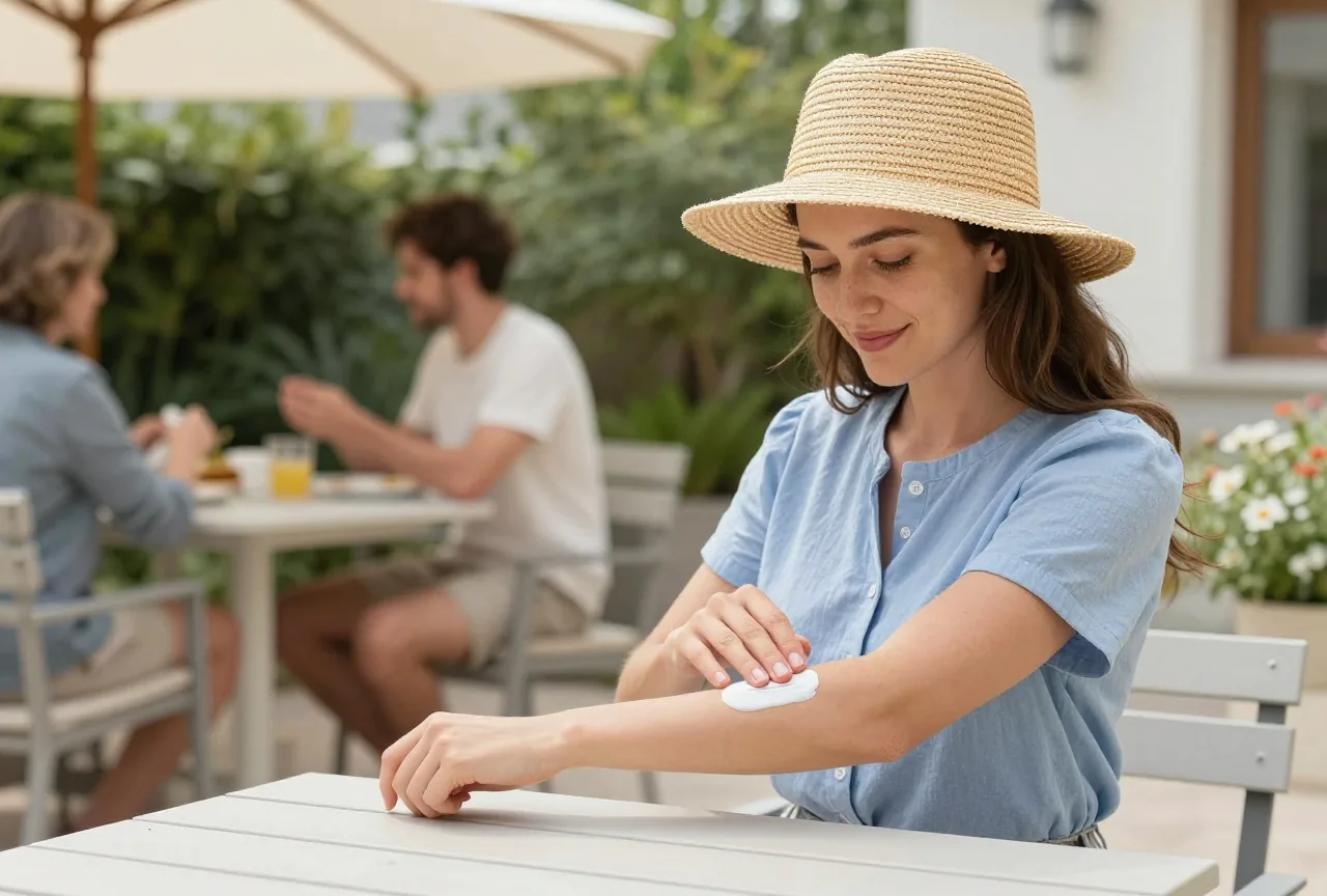 Frau in den Dreißigern mit Strohhut cremt sich auf einer sonnigen Terrasse den Unterarm ein