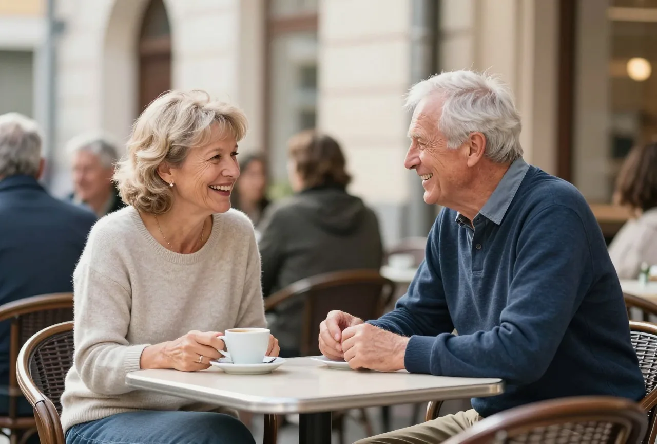 Frau und Mann in den Siebzigern unterhalten sich lachend an einem Tisch auf einer Caféterrasse