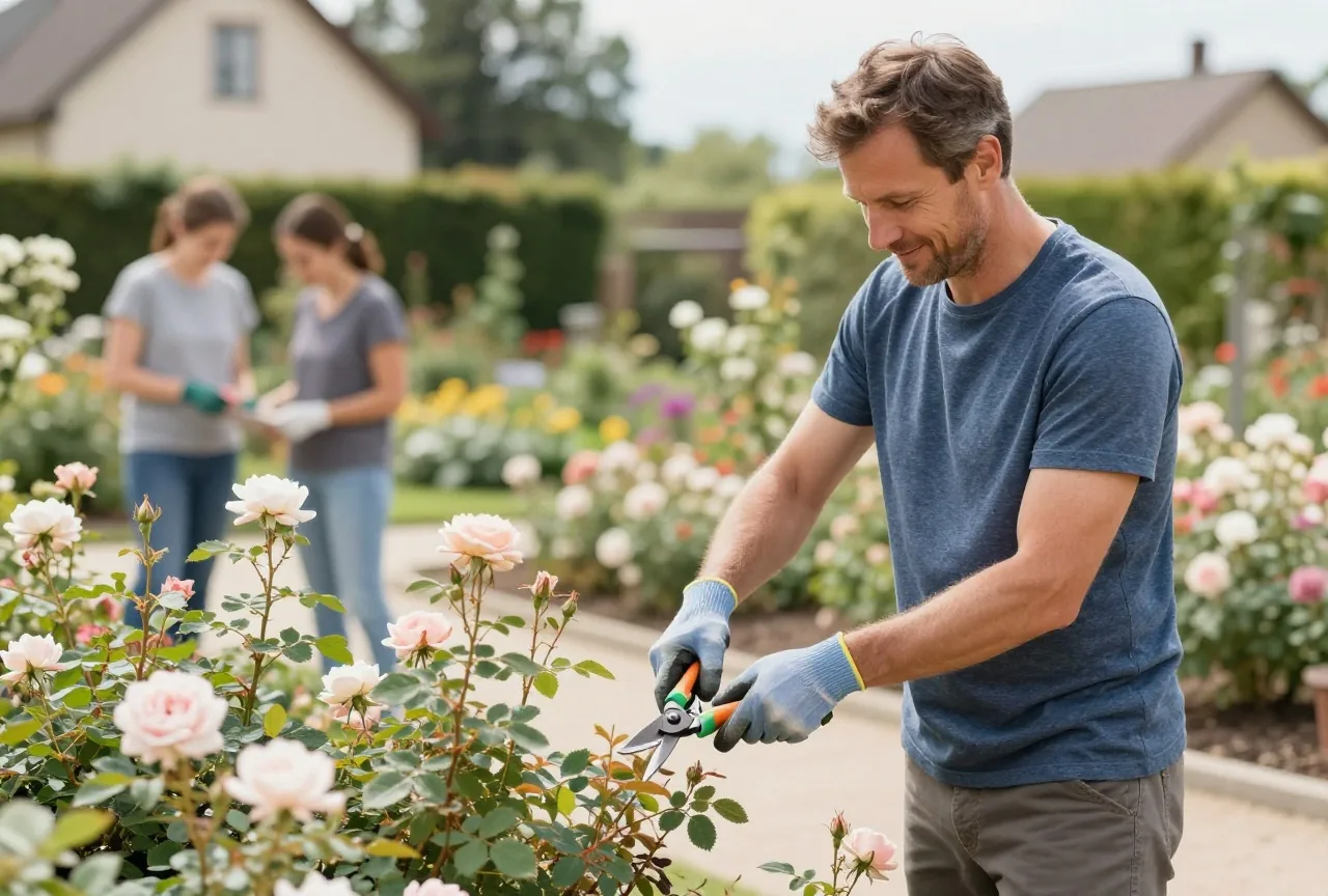 Mann in den Vierzigern schneidet mit Gartenhandschuhen an einem sonnigen Tag Rosenbüsche zurück
