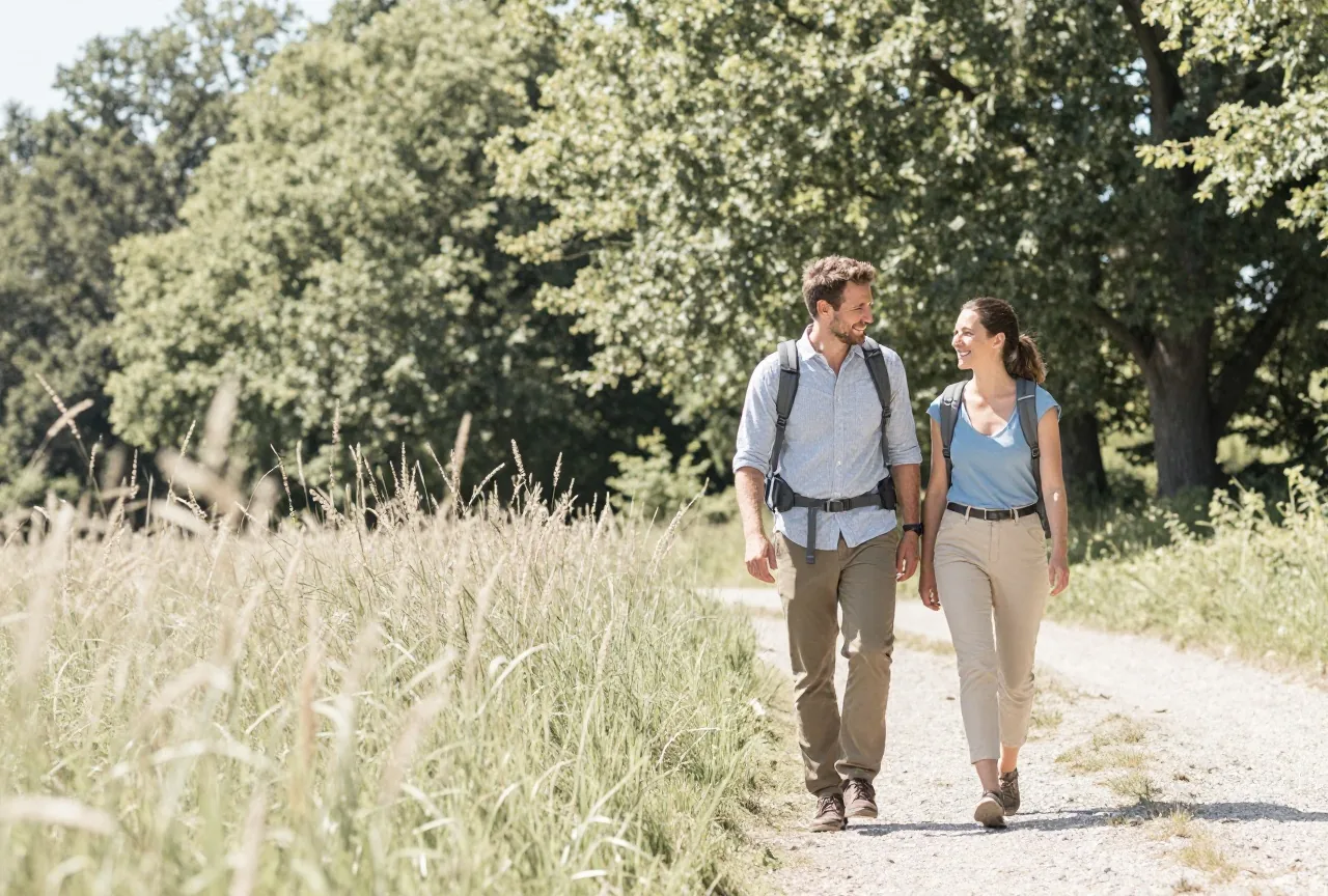 Paar in den Dreißigern in langen Hosen wandert im Sommer auf einem Waldweg mit hohem Gras
