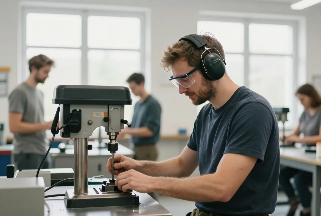 Mann in den Dreißigern mit Kapselgehörschutz und Schutzbrille arbeitet in einer hellen Werkstatt an einer Bohrmaschine