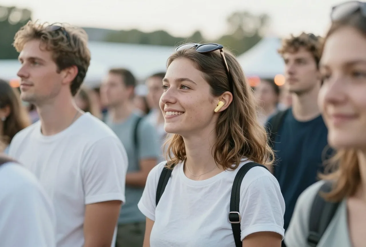 Junge Frau mit Schaumstoffstöpseln in den Ohren steht nachmittags auf einem Musikfestival im Freien