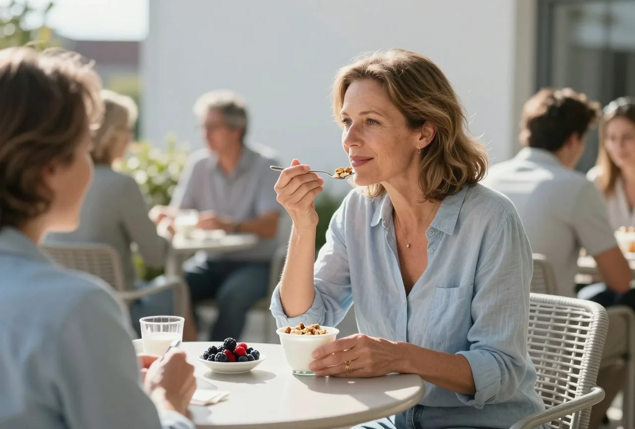 Frau in den Fünfzigern isst morgens auf einer sonnigen Terrasse Joghurt mit Nüssen und Beeren