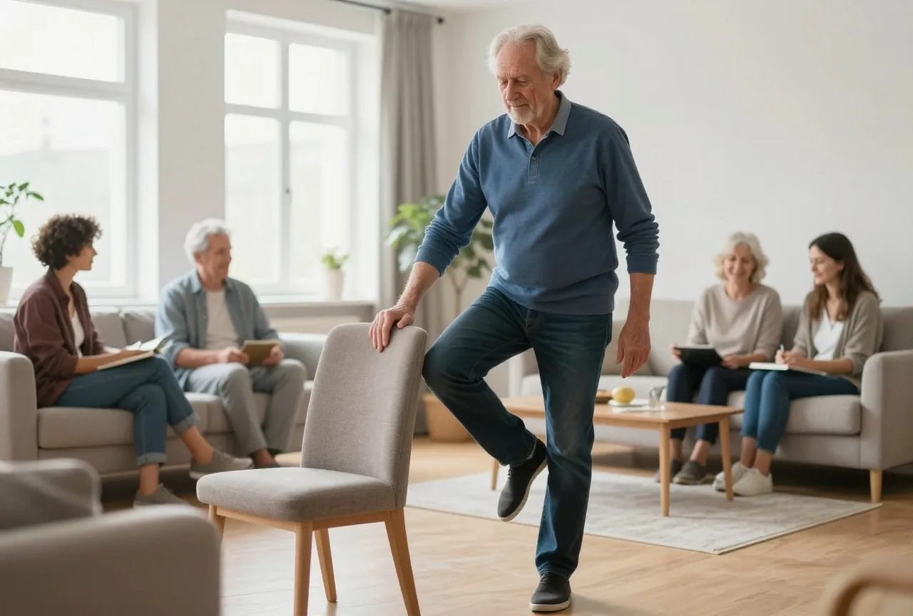 Mann in den Siebzigern übt im Wohnzimmer das Gleichgewicht auf einem Bein und hält sich an einer Stuhllehne