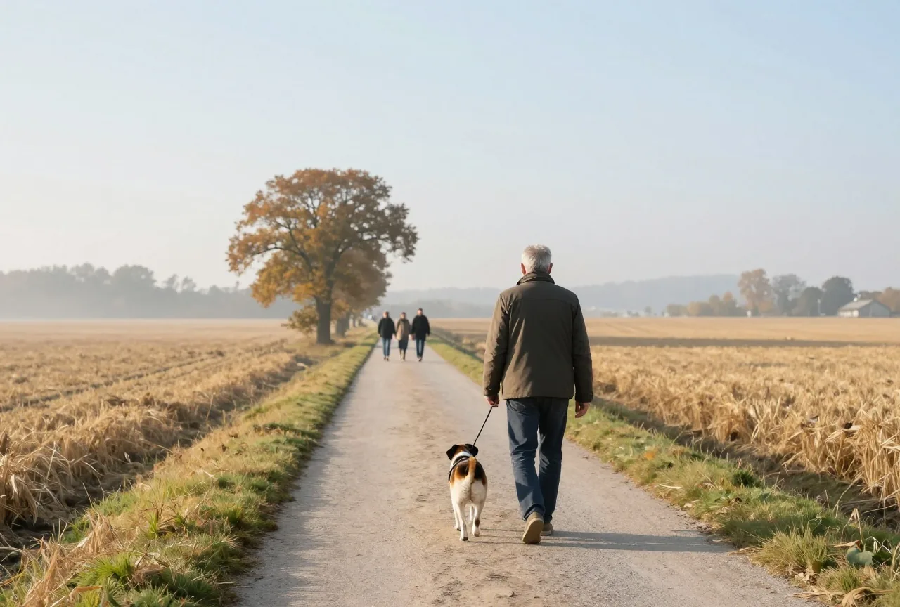 Mann in den Sechzigern geht an einem Herbstmorgen mit seinem Hund über einen Feldweg