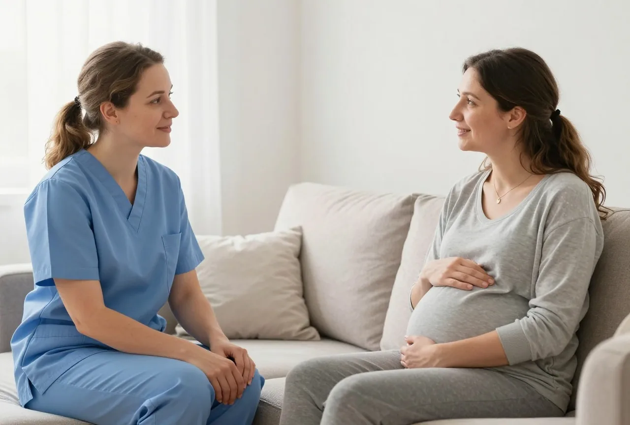 Hebamme in den Vierzigern besucht eine Schwangere in den Dreißigern und spricht mit ihr auf dem Sofa