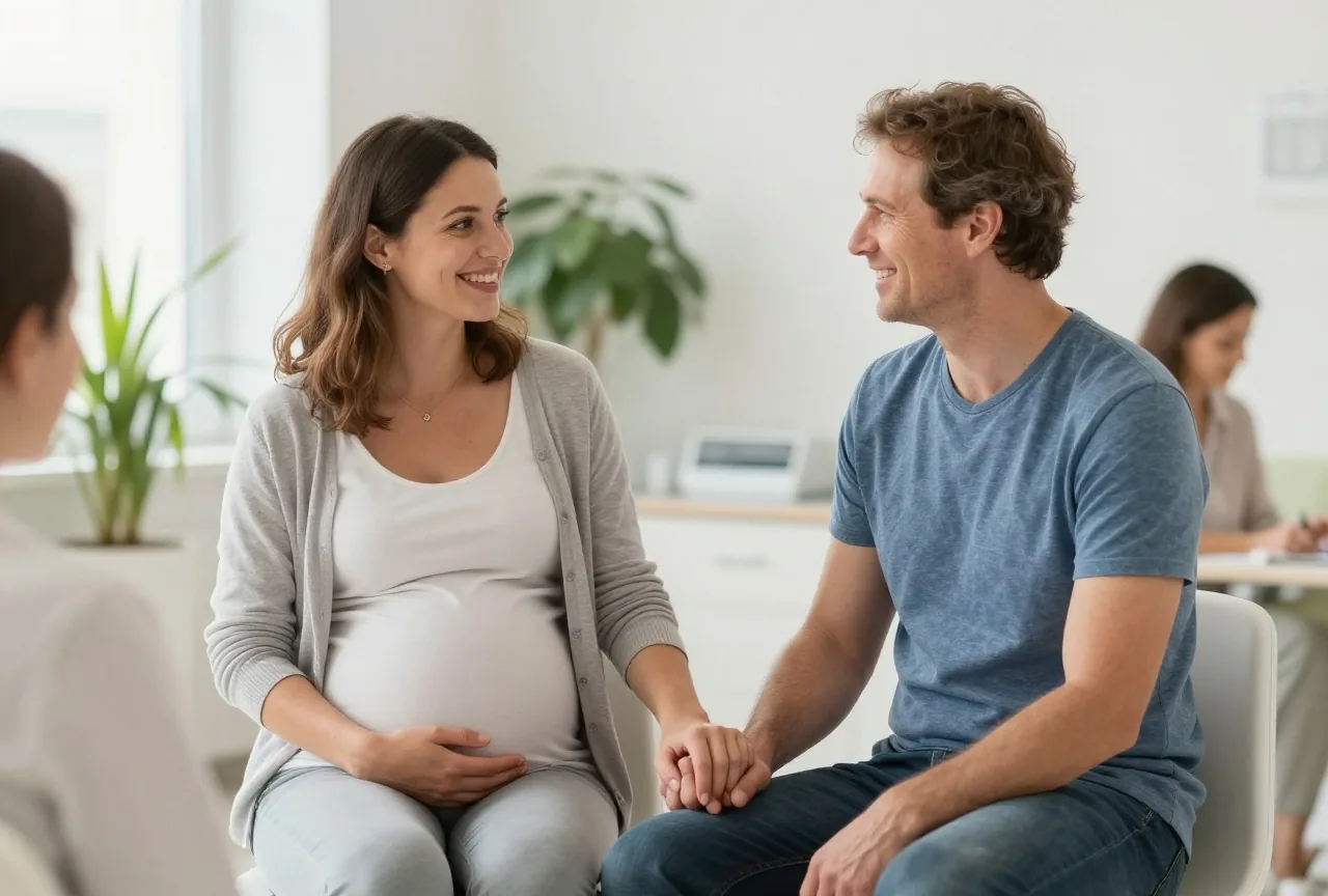 Schwangere in den Dreißigern sitzt mit ihrem Partner Hand in Hand im Wartebereich einer Frauenarztpraxis