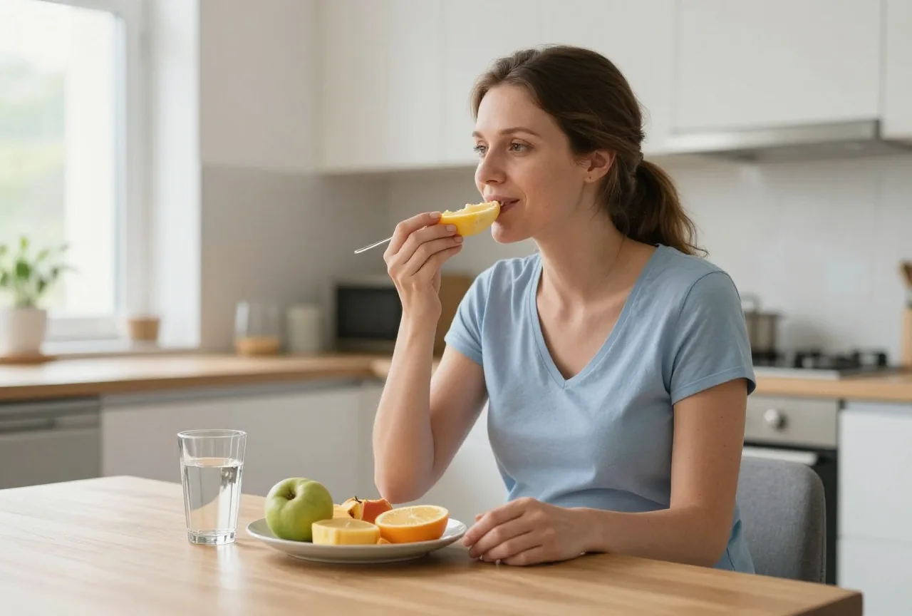 Schwangere Ende zwanzig frühstückt morgens in der sonnigen Küche mit Obst und einem Glas Wasser